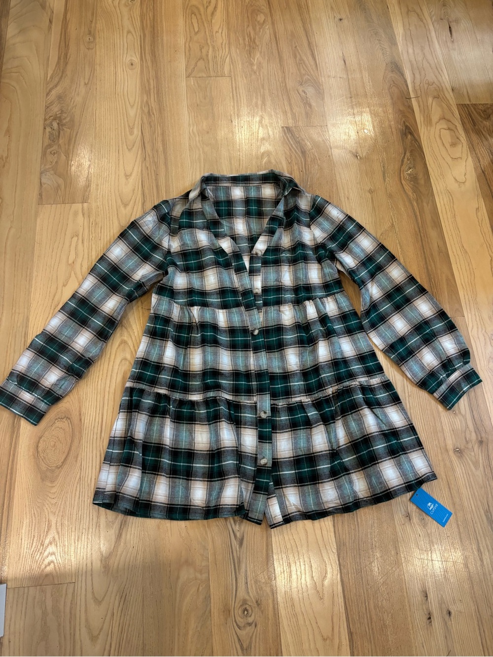 Cupshe Plaid V-Neck Tiered Mini Shirt Dress Green Cream Large - Picture 1 of 9